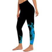 Olyvenn Deals Women's Flame Printed Leggings Fitness Running Tight Yoga Pants Tummy Control Full Length Pants Leggings for Trendy Girls Gifts Blue 6