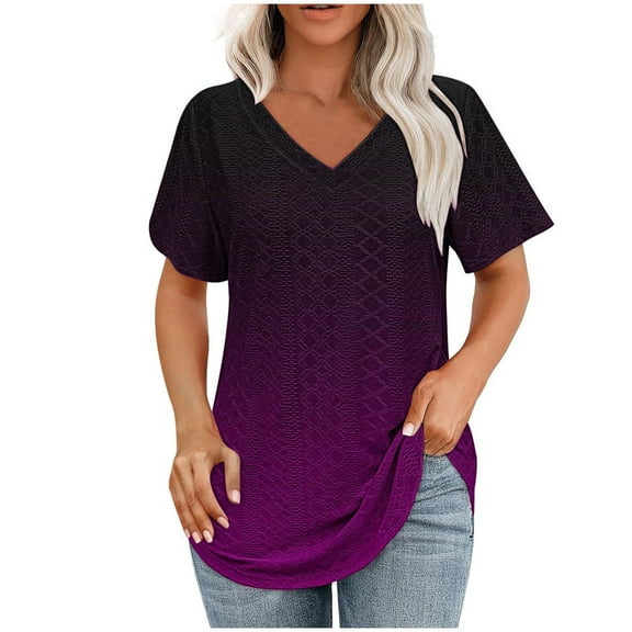 Olyvenn Stylish Women's Flowy Shirts Short Sleeve Shirt V-Neck Pleated Front Tunic Blouse Loose Fit Dressy Casual Tee Shirts Purple M