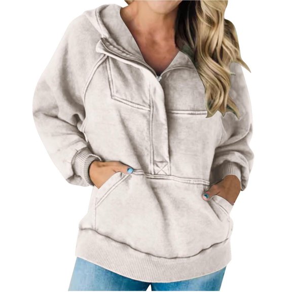 Olyvenn Stylish Women's Half Zip Hoodies Raglan Sleeves Loose Fit Hooded Sweatshirts Fashion Solid Basic Pullover Tops with Pockets Beige 10