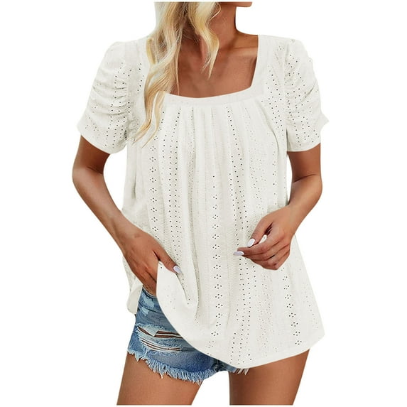 Olyvenn Stylish Women's Hollow Pleated Short Sleeves Square Neck Casual Loose Solid Color Knit T Shirts Tops Blouses White M