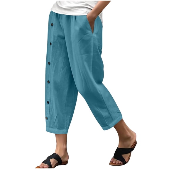 Olyvenn Stylish Women's Linen Capri Pants with Pockets Petite Summer Beachwear Lightweight Elastic Waist Boho Vacation Travel Pants Blue S