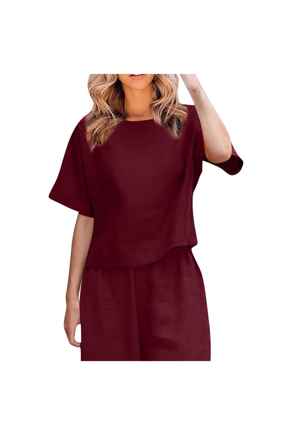 Stylish Women's Linen Shirts Plus Size Short Sleeve Cotton Blouses Casual Loose Crew Neck Solid Boxy Tunics Top Wine 12