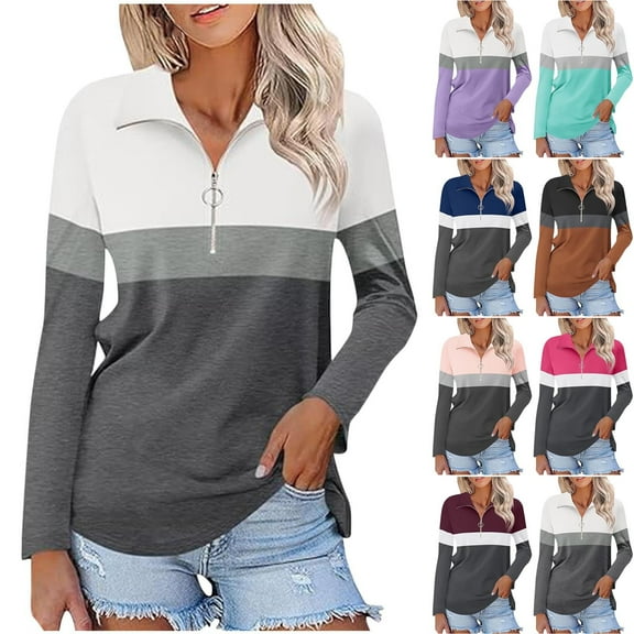 Olyvenn Stylish Women's Long Sleeve Shirts Color Block Quarter Zip Pullover Collared V Neck Tops Spring Blouses Ladies Tees Blue 20-22