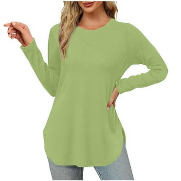 Olyvenn Stylish Women's Long Sleeve Tunic Tops Crew Neck Casual Tops Side Split Shirts Solid Spring Fashion Pullover Tops Green 4
