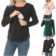 OLYVENN Stylish Women's Maternity Nursing Tops Comfy Long Sleeve Breastfeeding T-Shirt Soft Comfort Double Layer Pregnancy Blouse Black 12