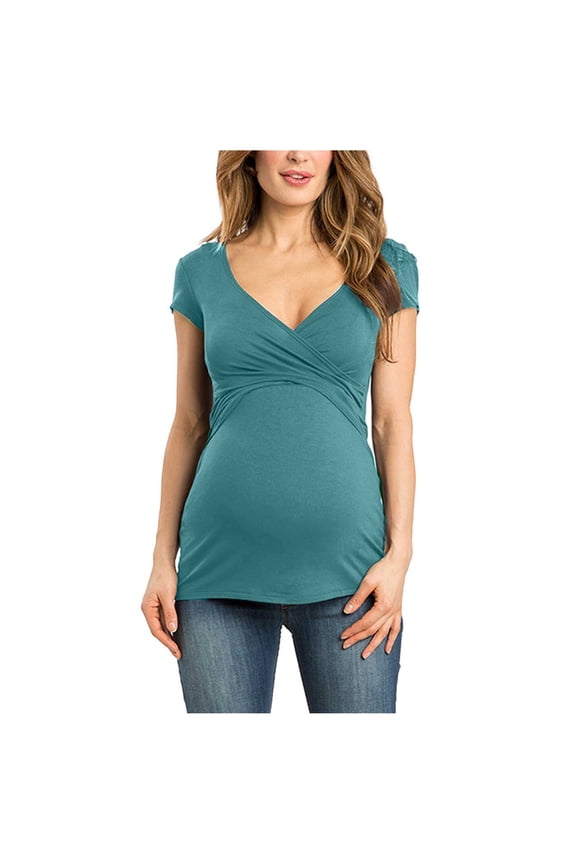 Stylish Women's Maternity Nursing Tops Short Sleeve Wrap V Neck Breastfeeding Tee Shirts Pregnancy Tops Ruched Pregnant Tunic Tee Green 8
