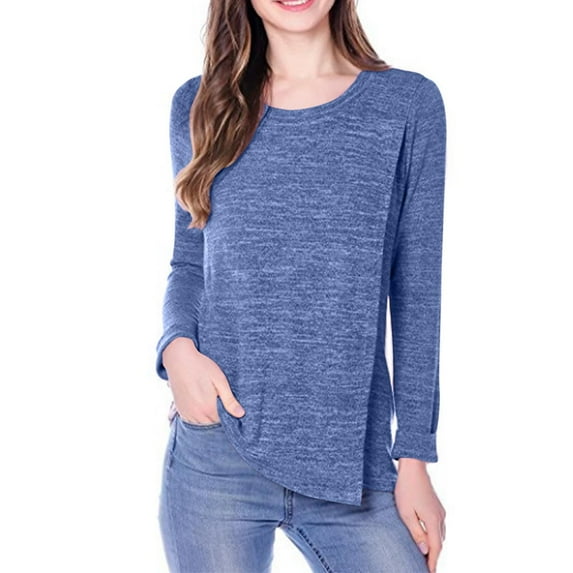 Olyvenn Stylish Women's Maternity Nursing Tops Solid Crew Neck Long Sleeve Tunic Blouse Casual Loose Fit Comfy Breastfeeding Blouse Blue 8