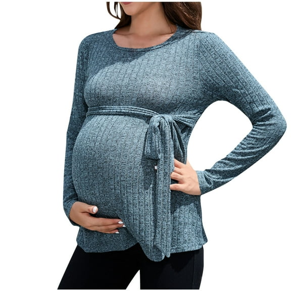 Olyvenn Stylish Women's Maternity Shirts Casual Long Sleeve Tie Front Ribbed Knit Pregnancy Tee Top Loungewear Loose Pregnant Blouses Sky Blue 12