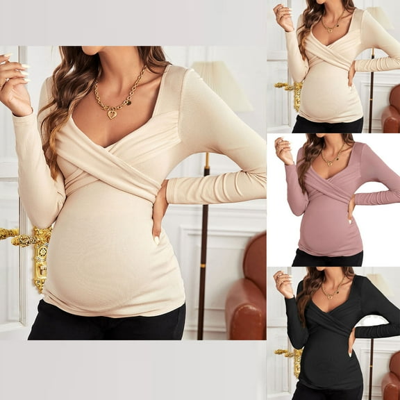 Olyvenn Stylish Women's Maternity Shirts Cross Wrap Sweetheart Neck Long Sleeve Ribbed Pregnancy Tee Tops Loungewear Loose Casual Blouse Beige 8