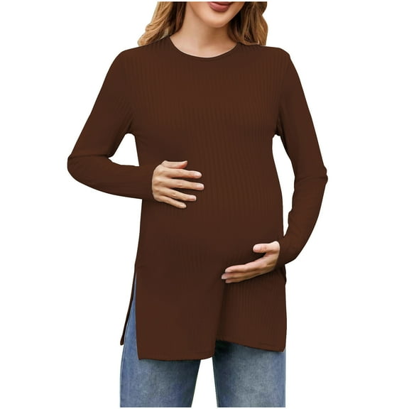 Olyvenn Stylish Women's Maternity Shirts Long Sleeve Split Side Pregnancy Tee Top Tunic Blouse Casual Pregnant Mama Clothes Pullover Brown 4