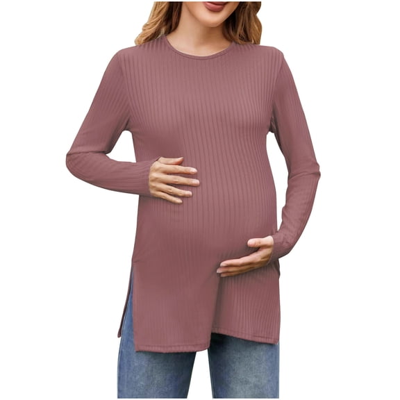 Olyvenn Stylish Women's Maternity Shirts Long Sleeve Split Side Pregnancy Tee Top Tunic Blouse Casual Pregnant Mama Clothes Pullover Pink 10