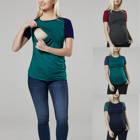Olyvenn Stylish Women's Maternity Shirts Raglan Short Sleeves Nursing Tops Double Laye Breastfeeding Tees Pregnancy Clothes Blue 12