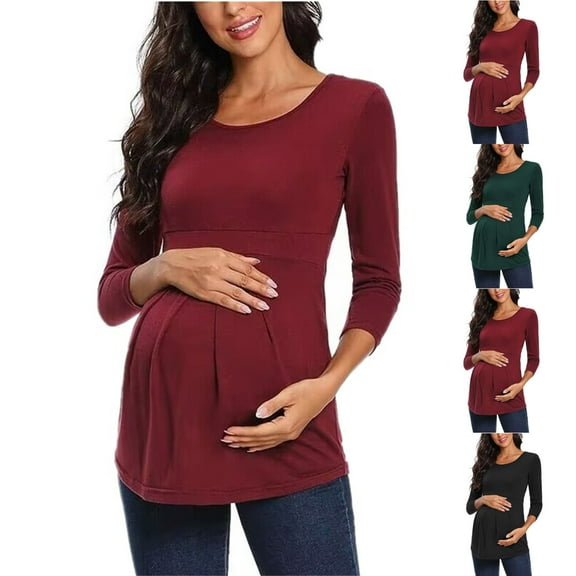Olyvenn Stylish Women's Maternity Tops 3/4 Sleeve Round Neck Front Pleat Peplum Tunic Top Pregnancy Shirts Loungewear Loose Blouse Black 8
