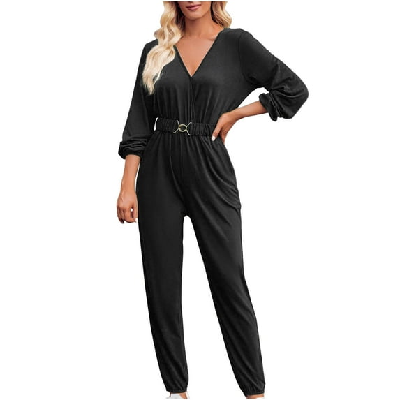 Olyvenn Deals Women's New Color Casual Fashion V-neck Long Sleeved Waist Belt Jumpsuit 2023 Trendy Dressy Casual Jumpsuit for Women Black 6