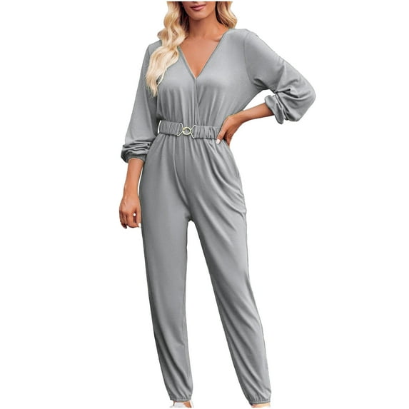 Olyvenn Deals Women's New Color Casual Fashion V-neck Long Sleeved Waist Belt Jumpsuit 2023 Trendy Dressy Casual Jumpsuit for Women Gray 8