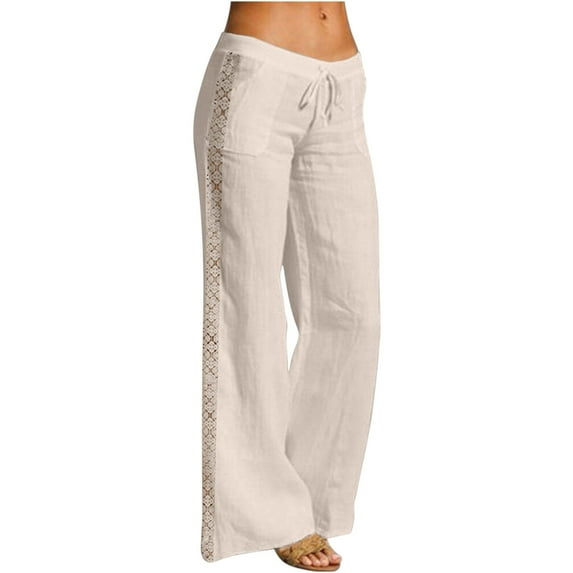 Olyvenn Stylish Women's Oversized Casual Hollowed Out Pants Wide Leg Flowy Pants for Daily Solid Color Lightweight Drawstring Elastic Waist Leggings for Ladies Gifts Fashion Beige 12