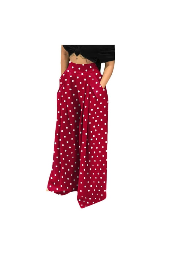 Stylish Women's Oversized Casual Pants Wide Leg Flowy Pants for Business Polka Dot Lightweight High Waist Gifts for Ladies Love Red 14