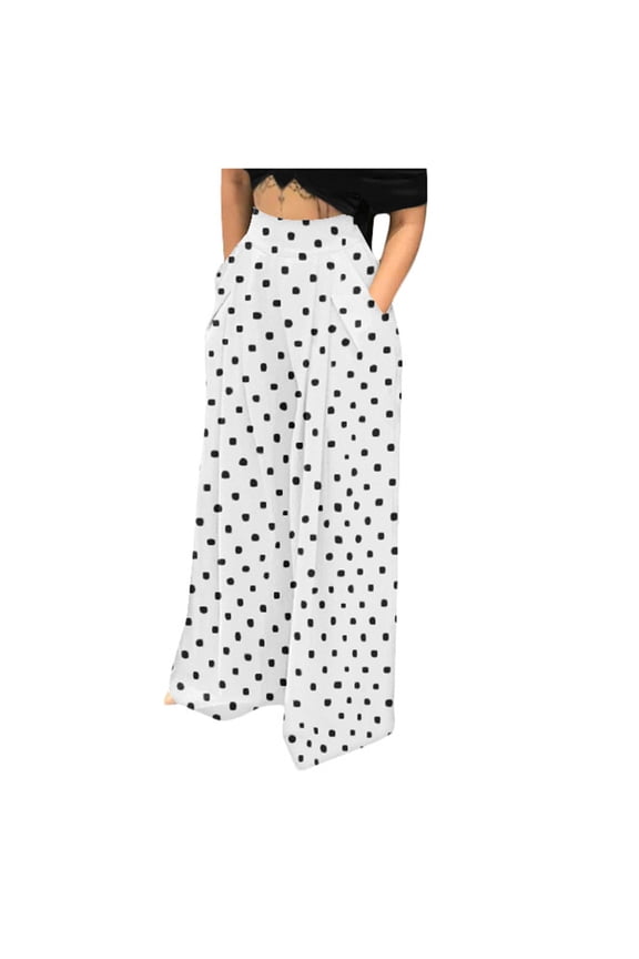 Stylish Women's Oversized Casual Pants Wide Leg Flowy Pants for Business Polka Dot Lightweight High Waist Gifts for Ladies Love White 4