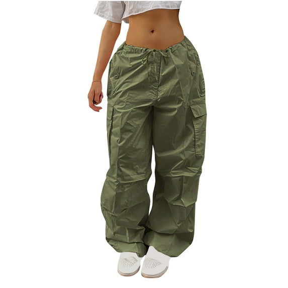 Olyvenn Stylish Women's Plus Size Casual Cargo Pants Parachute Pants with Pockets Solid Color Lightweight Drawstring Elastic Waist Leggings for Young Girls Love Army Green 2