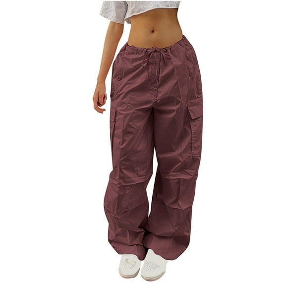 Olyvenn Stylish Women's Plus Size Casual Cargo Pants Parachute Pants with Pockets Solid Color Lightweight Drawstring Elastic Waist Leggings for Young Girls Love Wine 10