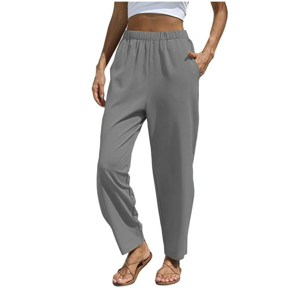 Olyvenn Stylish Women's Plus Size Casual Cotton and Linen Pants Daily Long Trousers for Sports Elastic Waist Lightweight Solid Color Leggings for Trendy Women Gray 10