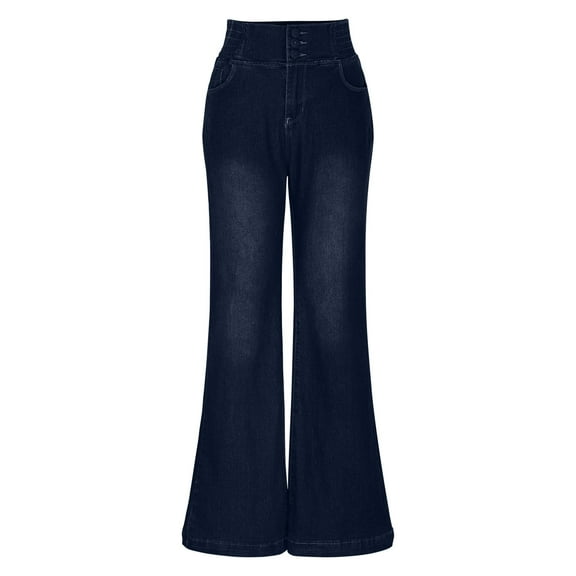 Olyvenn Stylish Women's Plus Size Wide Flared Jeans Fall Fashion High Waisted Stretchy Bell Bottom Denim Jeans with Pockets Dark Blue XXL