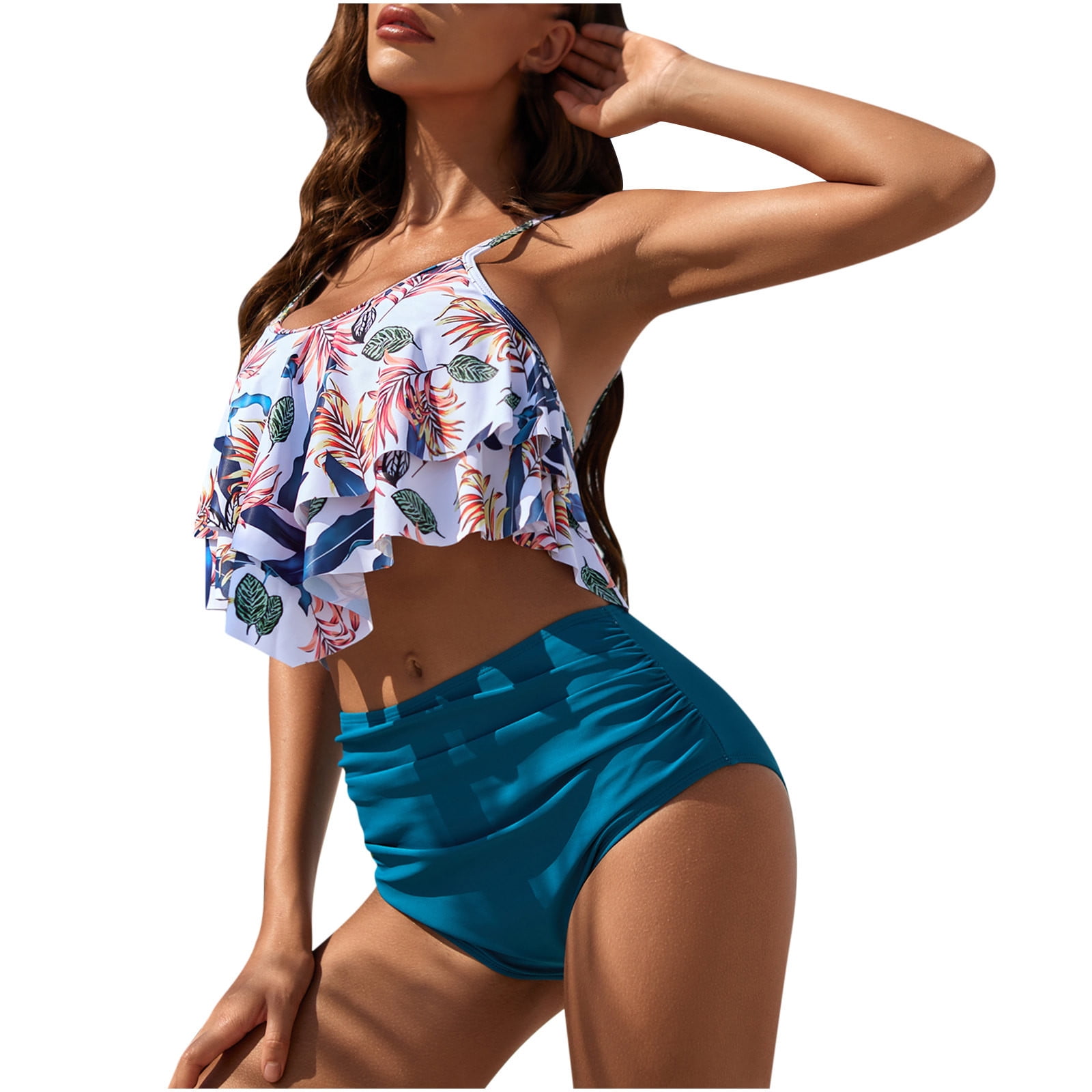 Olyvenn Deals Women's Ruffle Bikini Strappy Swing Bathing Suit Hawaiian  Tropical Print Beachwear Pleat Scollop Swimwear Top Summer Fashion Outfits  for Girls Female Leisure Blue 4 