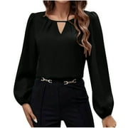 OLYVENN Stylish Women's Satin Silk Blouse Keyhole Neck Long Sleeve Tops Elegant Casual Office Work Dressy Shirts Pullover Tops Black 8-10