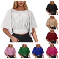 thumbnail image 1 of Olyvenn Stylish Women's Short Bell Sleeve Tie Back Solid Crop Blouse Shirt Crop Tops Workout Tops Summer Fashion Basic Tees Black M, 1 of 7