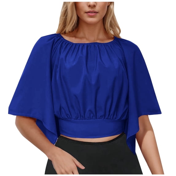 Olyvenn Stylish Women's Short Bell Sleeve Tie Back Solid Crop Blouse Shirt Crop Tops Workout Tops Summer Fashion Basic Tees Blue M
