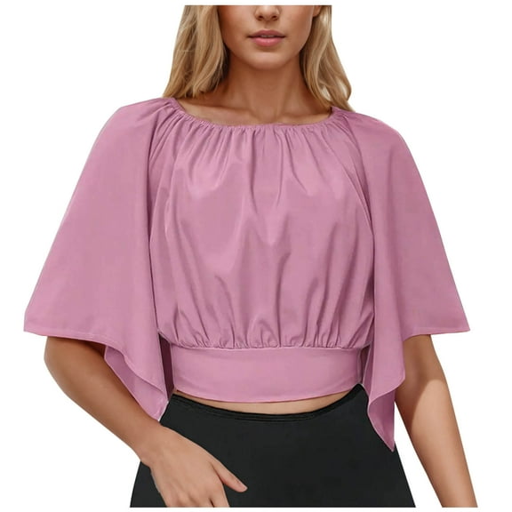 Olyvenn Stylish Women's Short Bell Sleeve Tie Back Solid Crop Blouse Shirt Crop Tops Workout Tops Summer Fashion Basic Tees Pink M