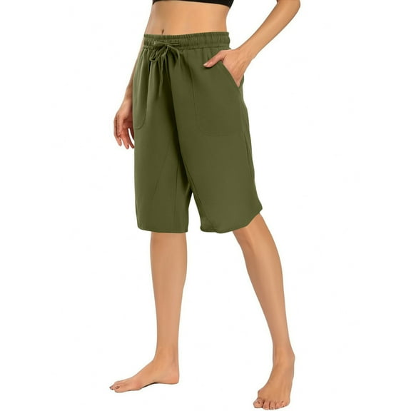 Olyvenn Stylish Women's Shorts Drawstring Linen Shorts Summer Casual Wide Leg High Waisted Mid Length Bermuda Short with Pocket Green XXL