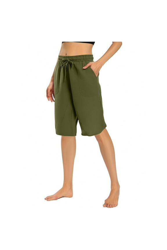Stylish Women's Shorts Drawstring Linen Shorts Summer Casual Wide Leg High Waisted Mid Length Bermuda Short with Pocket Green XXL