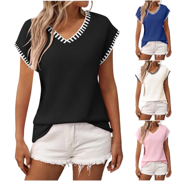 Olyvenn Stylish Women's Sleeveless Sweater Vest Casual V Neck Cap Sleeve Knit Pullover Tank Tops Spring Clothes Black L