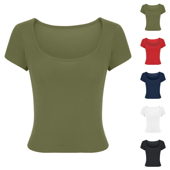 Olyvenn Stylish Women's Soft Crop Tops T-Shirts Solid Color Short Sleeves Shirts Scoop Neck Casual Cute Slim Fit Yoga Blouses Tees Army Green 12