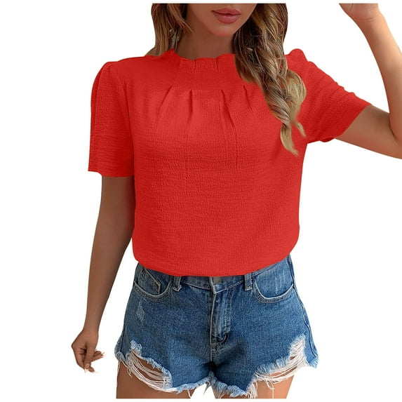 Olyvenn Stylish Women's Summer Boho Shirt Top Ruffle Short Sleeve Frill Trim Mock Neck Floral Solid Casual Blouses Shirts Tops Red XL