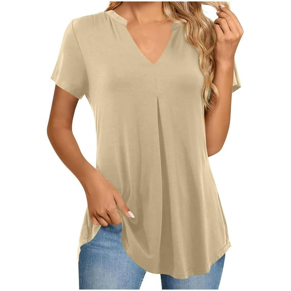 Olyvenn Stylish Women's V Neck T-Shirts Casual Summer Fashion Loose Fit Short Sleeve Solid Color Pleated Tops Basic Tees Beige M