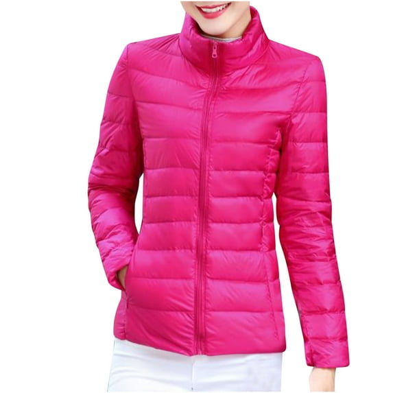 Olyvenn Stylish Women's Winter Stand Collar Lightweight Down Jackets Solid Color Zipper Pockets Slim Puffer Coat Warm Outwear Hot Pink 8