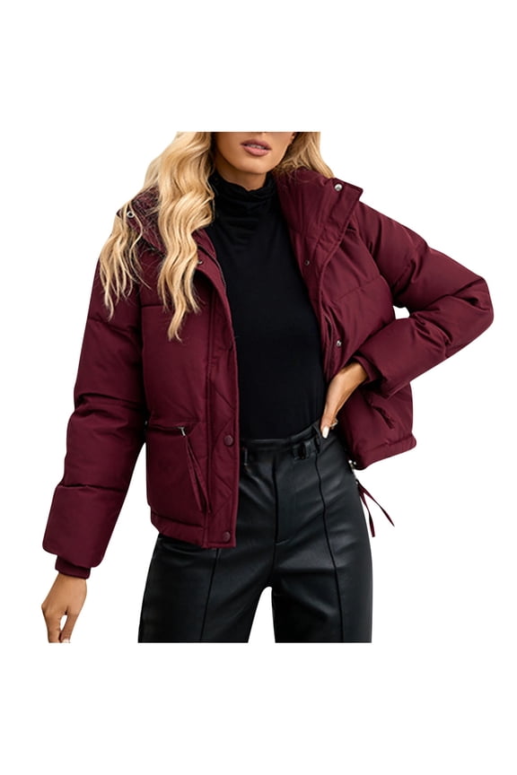 Stylish Women's Winter Stand Collar Padded Quilted Puffer Bubble Coat Zip Up Cropped Warm Outwear Jacket with Pockets Wine 6