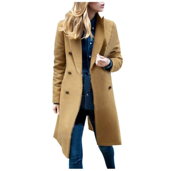 Olyvenn Stylish Women's Winter Warm Wool Blend Long Pea Coat Classic Slim Fit Double Breasted Overcoat Outwear with Pockets Khaki 12