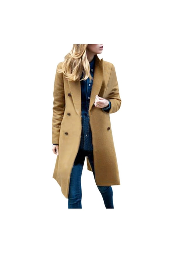 Stylish Women's Winter Warm Wool Blend Long Pea Coat Classic Slim Fit Double Breasted Overcoat Outwear with Pockets Khaki 12
