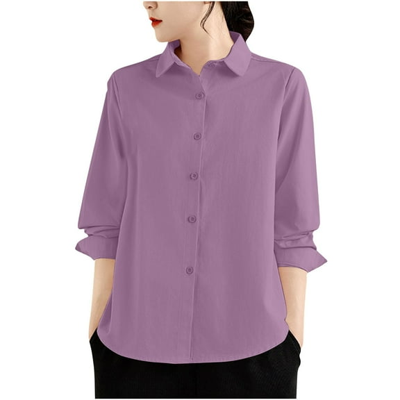 Olyvenn Stylish Womens Button Down Shirts Long Sleeve Dressy Casual Blouses Button Up Collared Shirts Tops for women Purple L