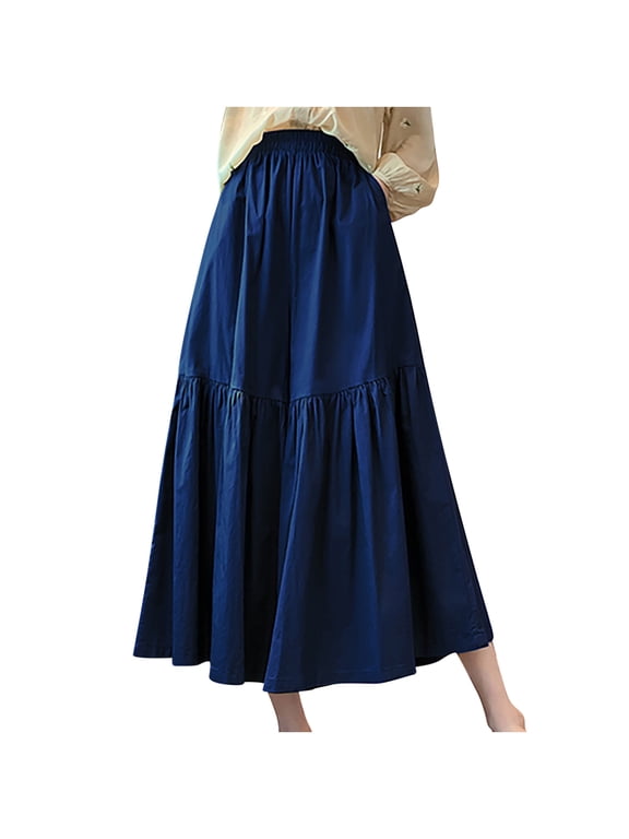 Stylish Womens Capris Women's Solid Elastic Waist Solid Wide Leg Pants High Waist Casual Summer Trendy Flare Pant Skirt Beach Comfy Boho Rompers Blue Free Size