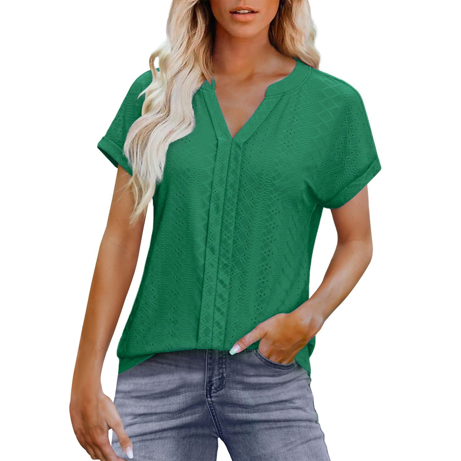 Olyvenn Stylish Womens Casual Eyelet V Neck Short Sleeve Loose Fit Tee ...
