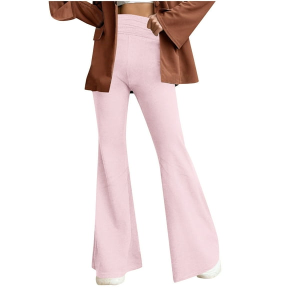 Olyvenn Stylish Womens Casual Flare Wide Leg Pants Fashion Ruched Stretchy High Waist Palazzo Lounge Pants Bell Bottom Yoga Trousers Pink XS