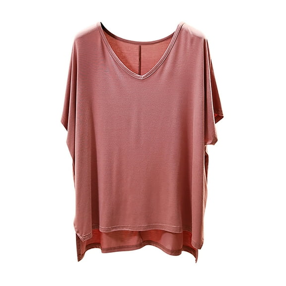 Olyvenn Stylish Womens Casual Solid Color Tees Shirts V-Neck Batwing Sleeves Sport Blouses Basic Loose Fit Breathable Comfy T-Shirt Pink 12
