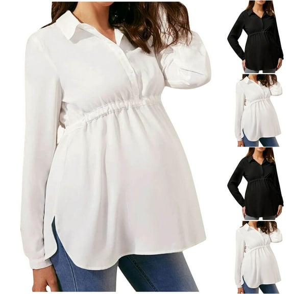 Olyvenn Stylish Womens Comfort Elastic High Waist Maternity Tops Lapel Button V Neck Long Sleeve Blouses Pregnancy Shirt Black 10