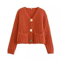 Olyvenn Stylish Womens Cropped Cardigan Sweaters Chunky Open Front Button Down Knit Sweater Long Sleeve Loose Cardigan Outerwear Orange 8