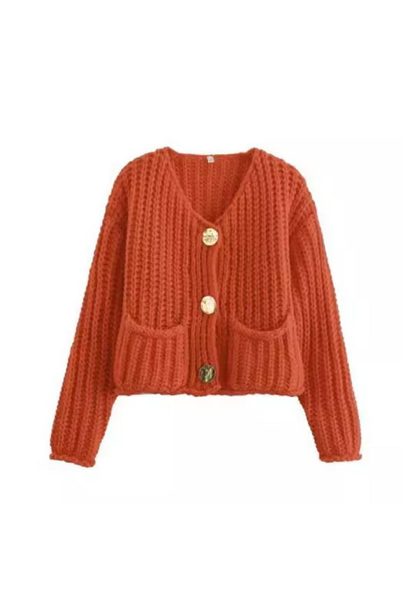 Stylish Womens Cropped Cardigan Sweaters Chunky Open Front Button Down Knit Sweater Long Sleeve Loose Cardigan Outerwear Orange 8