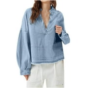 OLYVENN Stylish Womens Denim Tops Pullover Trendy Casual V Neck Loose Fit Puff Sleeve Jean Cotton Shirts Denim Pullover Long Sleeve Hem Casual Jean Tops Light Blue 6
